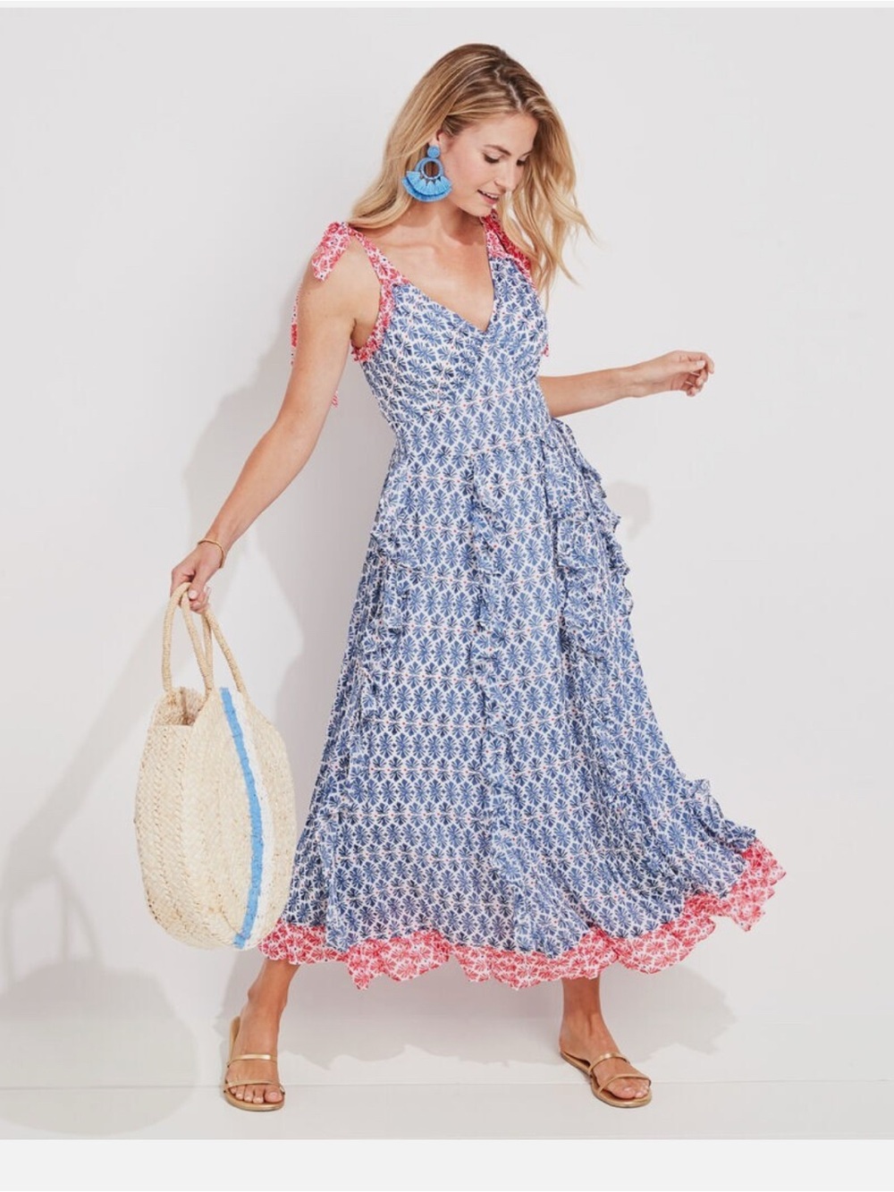 Vineyard Vines Blue Printed Maxi with Pink Tie-Straps